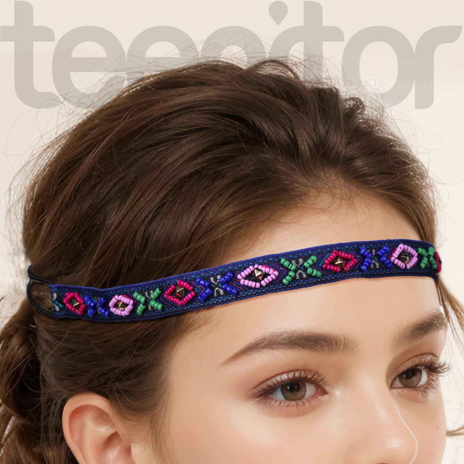 Teenitor 6 Pieces Elastic Rhinestone Beaded Women Headbands, Handmade Vintage Jewelry Hair Bands for Girl Hair Accessories 20-26.8’’ Multicolor